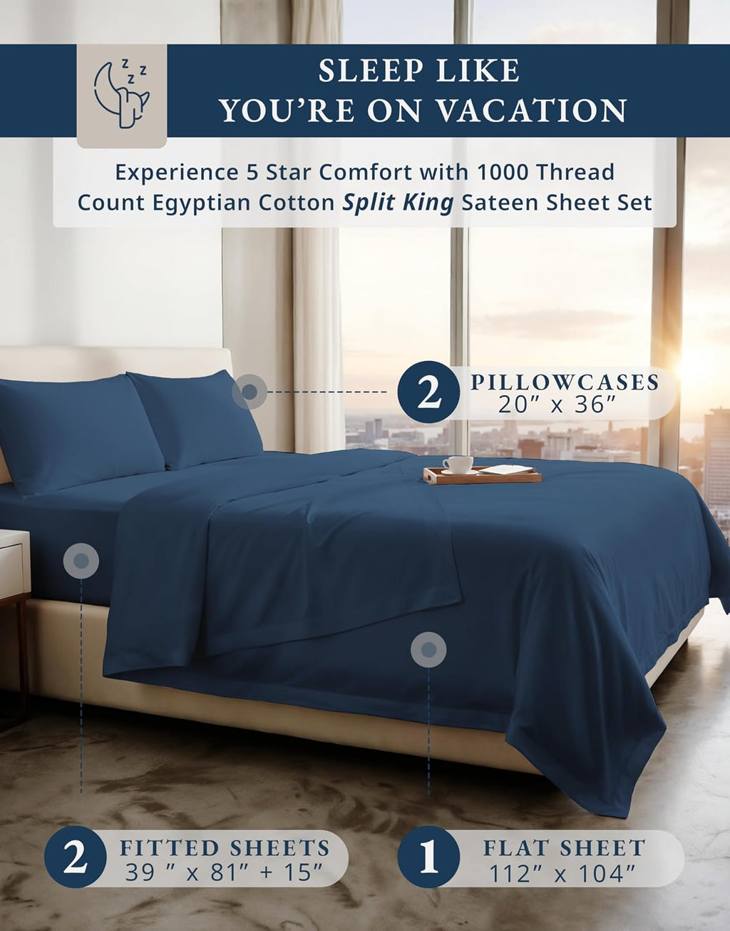 LANE LINEN 100% Cotton Split King Sheets for Adjustable Beds - 1000 Thread Count, Long Staple Mercerized Bedding Sheets, Luxury Hotel Like Thick 15' Deep Pocket Reinforced French Seams - Estate Blue