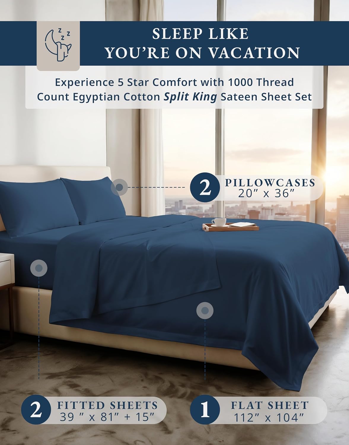 LANE LINEN 100% Cotton Split King Sheets for Adjustable Beds - 1000 Thread Count, Long Staple Mercerized Bedding Sheets, Luxury Hotel Like Thick 15' Deep Pocket Reinforced French Seams - Estate Blue