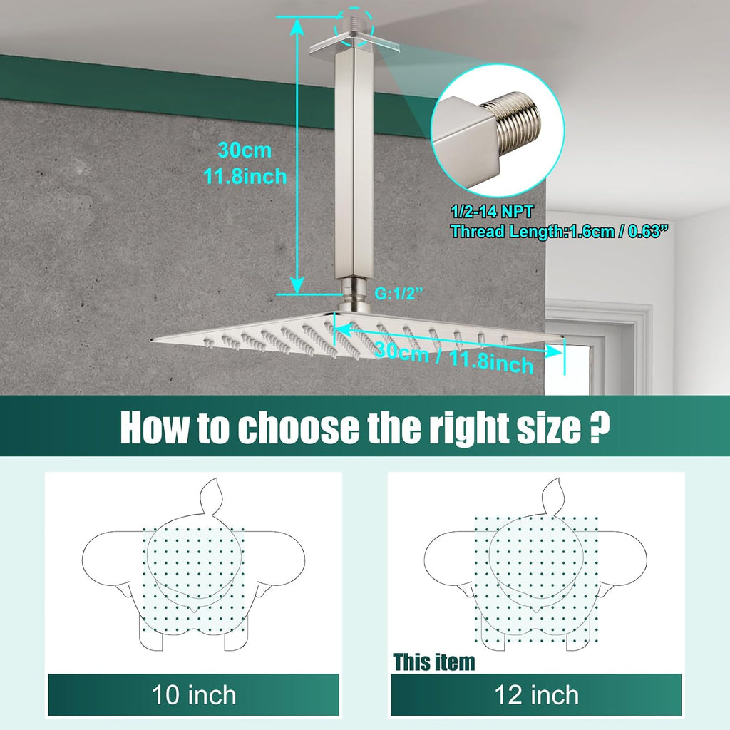 Heyalan Shower System Brushed Nickel Ceiling Mount 12 Inch Square Rain Shower Head 2 in 1 Handheld Shower Sprayer Rough in Valve Bathroom Rainfall Showerhead Combo Set