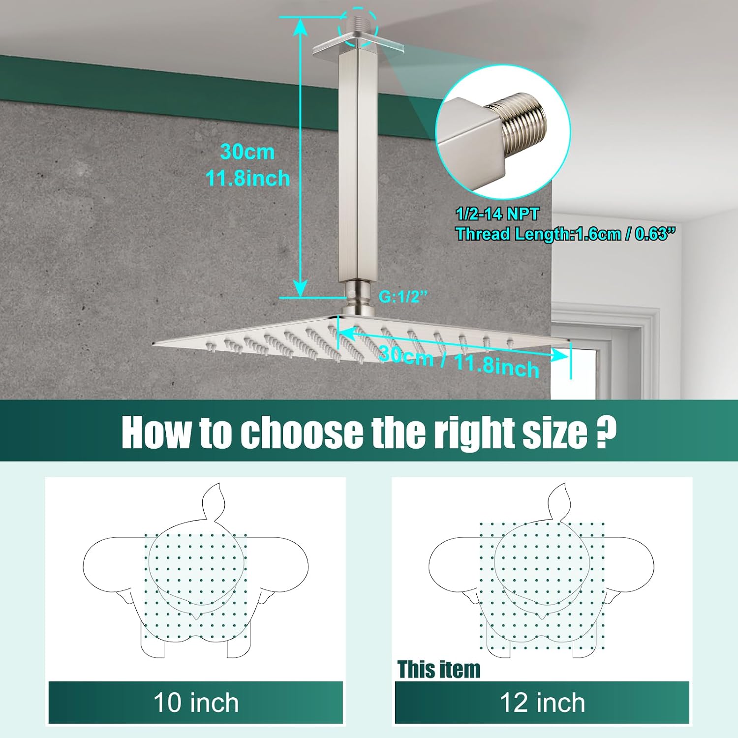 Heyalan Shower System Brushed Nickel Ceiling Mount 12 Inch Square Rain Shower Head 2 in 1 Handheld Shower Sprayer Rough in Valve Bathroom Rainfall Showerhead Combo Set