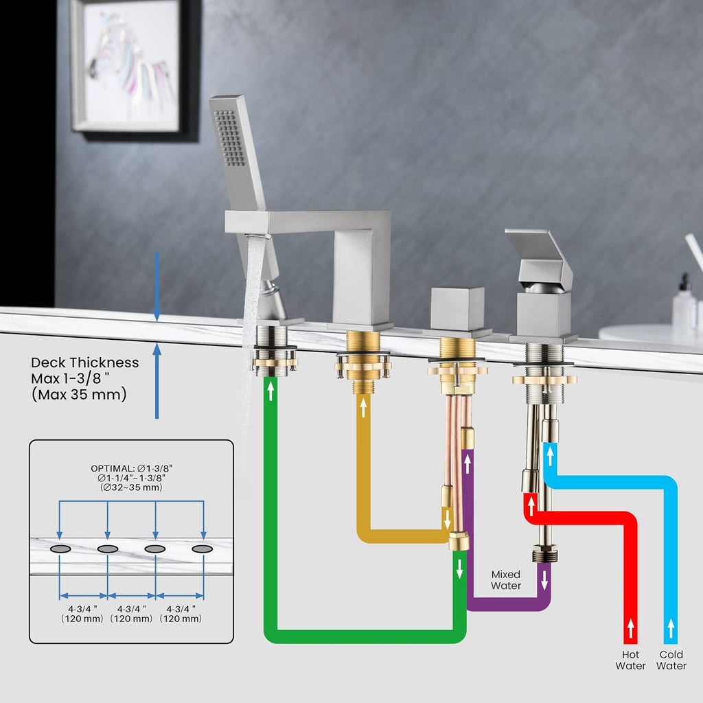 KIBI Cube Roman Single Handle Tub Faucet with Hand Shower | Deck Mount Bathtub Filler Set in Brushed Nickel | Solid Brass Body Bathtub Faucet with Easy Diverter, Pull-Out Spray & 60' Hose (KTF3102BN)
