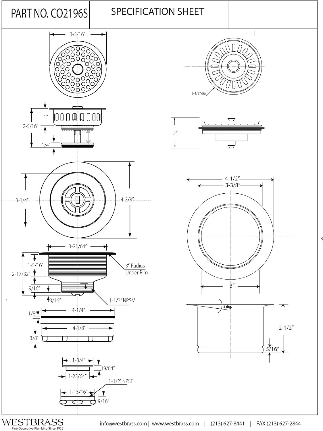 Westbrass CO2196S-07 Combo Pack 3-1/2' Post Style Large Basket Extra-Deep Collar Kitchen Sink Waste Disposal Flange with Strainer Stopper, Satin Nickel