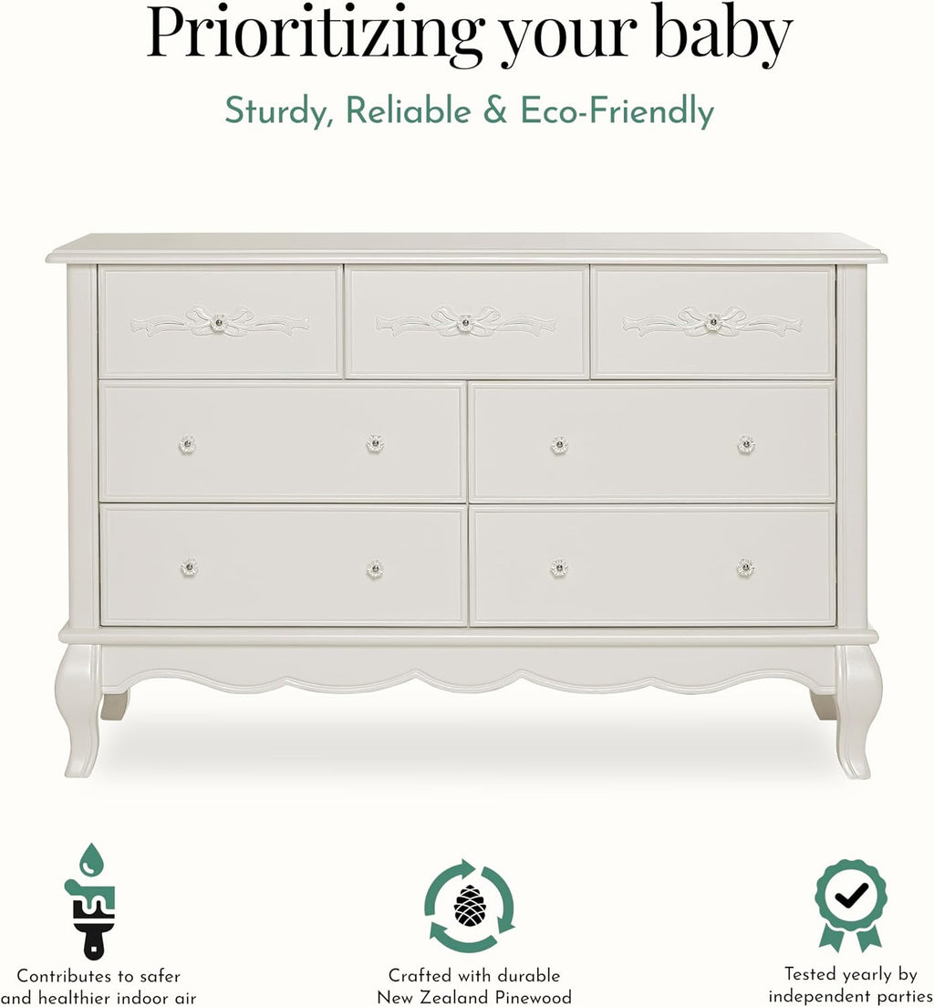 Evolur Aurora 7-Drawer Nursery Dresser – Ivory Lace | Assembled Double Dresser with Crystal Knobs, Queen Anne Legs, Large Storage for Baby Essentials
