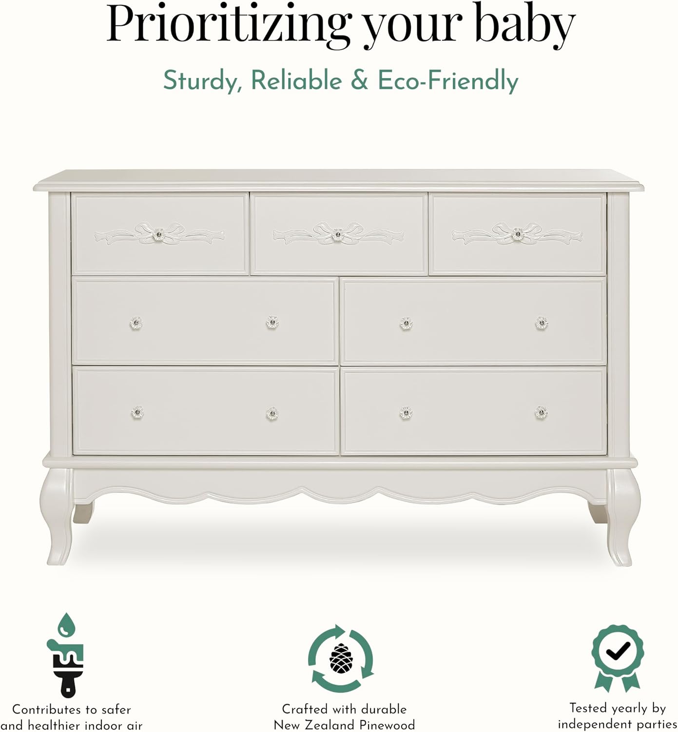 Evolur Aurora 7-Drawer Nursery Dresser – Ivory Lace | Assembled Double Dresser with Crystal Knobs, Queen Anne Legs, Large Storage for Baby Essentials