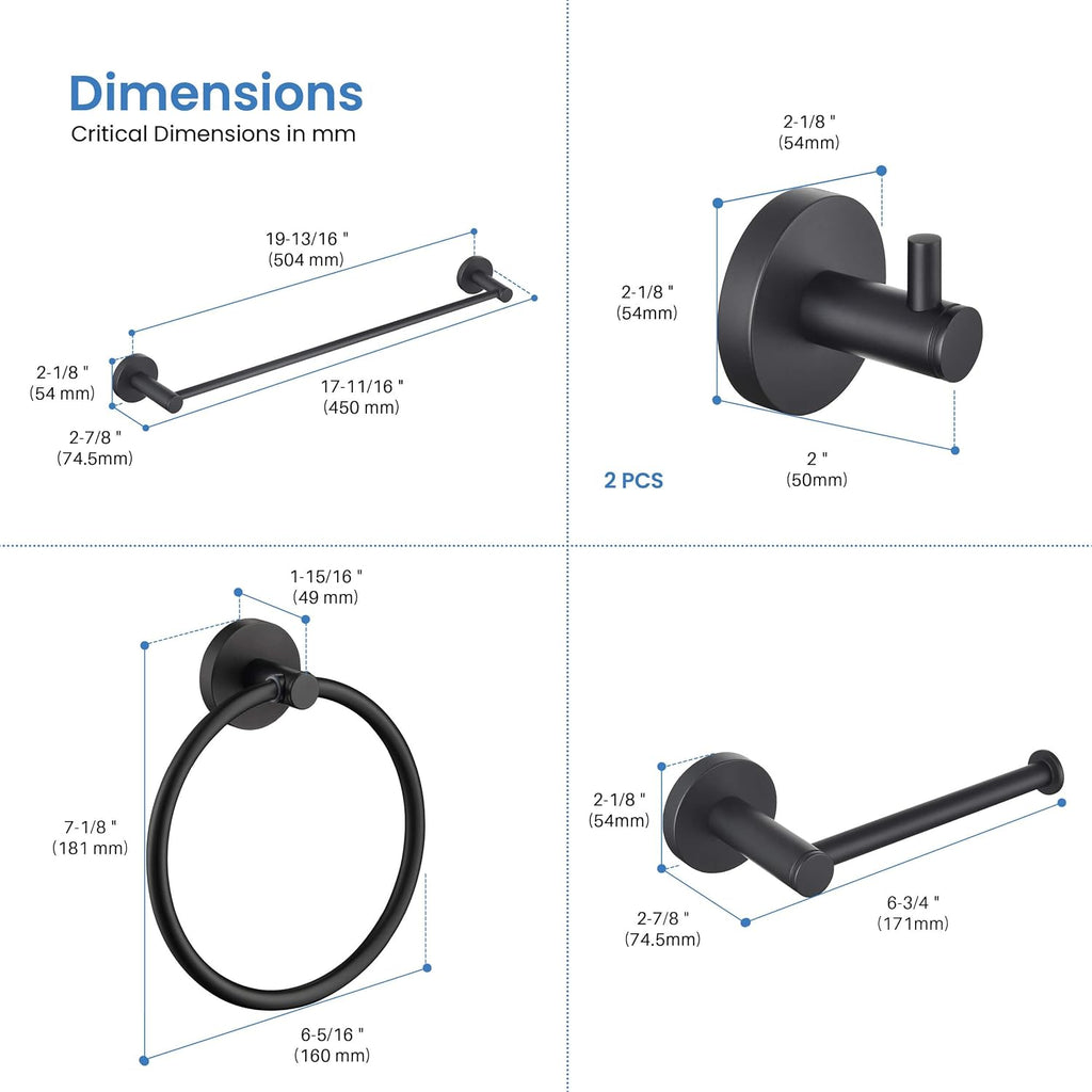 KIBI 5-Piece Bathroom Hardware Set – Wall Mounted Circular Bathroom Accessories Kit with 18 Inch Towel Bar, Towel Ring, Toilet Paper Holder & 2 Robe Hooks – Matte Black