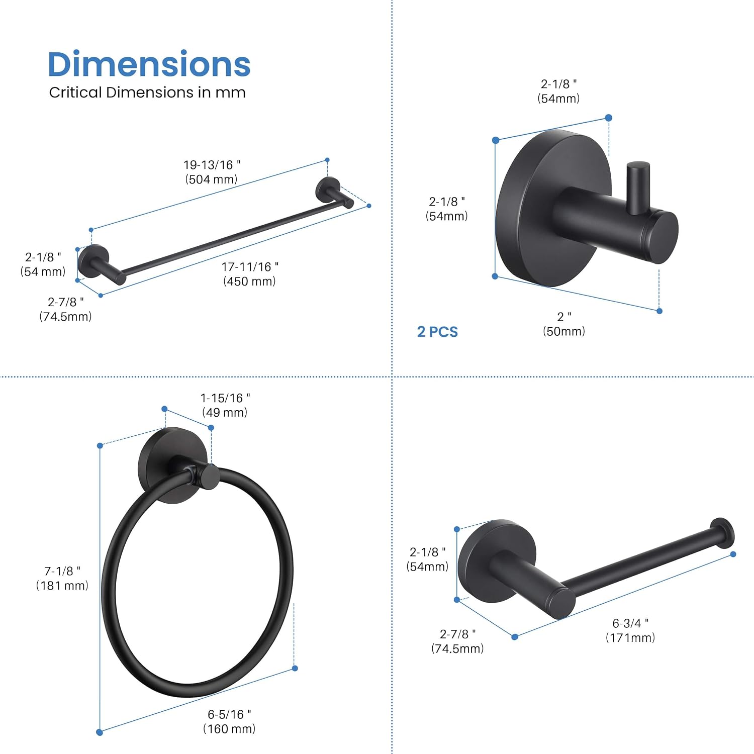 KIBI 5-Piece Bathroom Hardware Set – Wall Mounted Circular Bathroom Accessories Kit with 18 Inch Towel Bar, Towel Ring, Toilet Paper Holder & 2 Robe Hooks – Matte Black