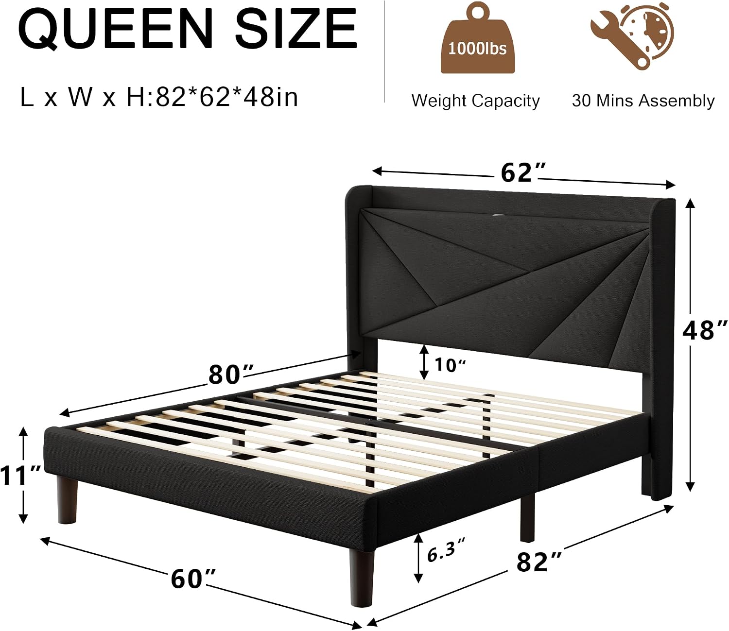 Einhomn Queen Size Upholstered Bed Frame with Charging Station, Platform Bed Frame with Storage Headboard, Solid Wood Slats Support, No Box Spring Needed, Black