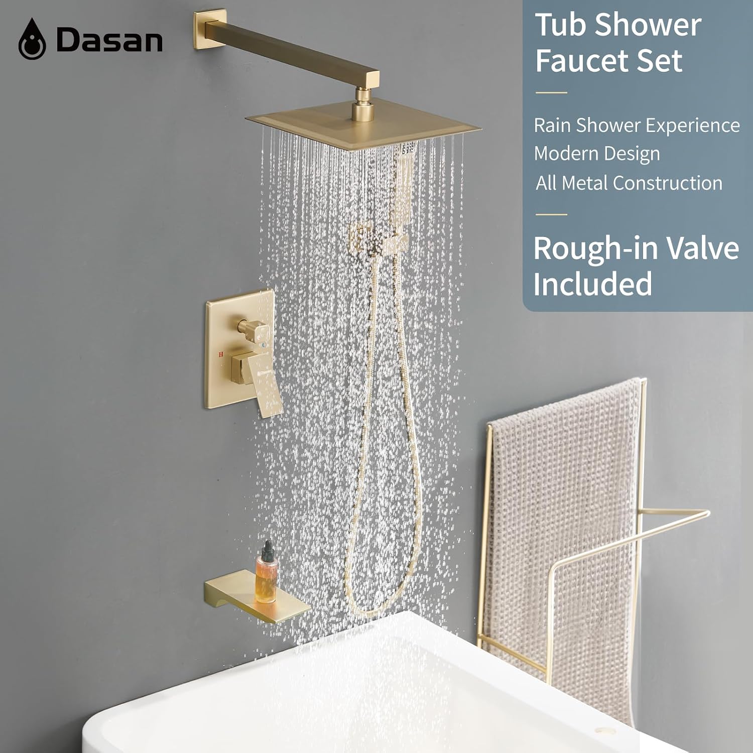 DASAN Tub Shower Faucets Sets Complete Brushed Gold Bathtub Shower System with Waterfall Tub Spout, Bathtub Faucet Set Tub and Shower Faucet Combo Trim Kit with Valve, DA-SS04BG-S10W