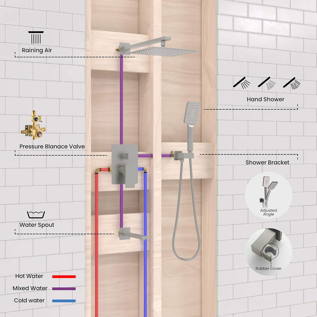 KIBI Shower System with Valve, 3-Function Wall Mounted Shower Faucet Set – Solid Brass Pressure Balanced Shower System with Handheld Shower, 15 Inch Shower Arm, Brushed Nickel (KSF406)