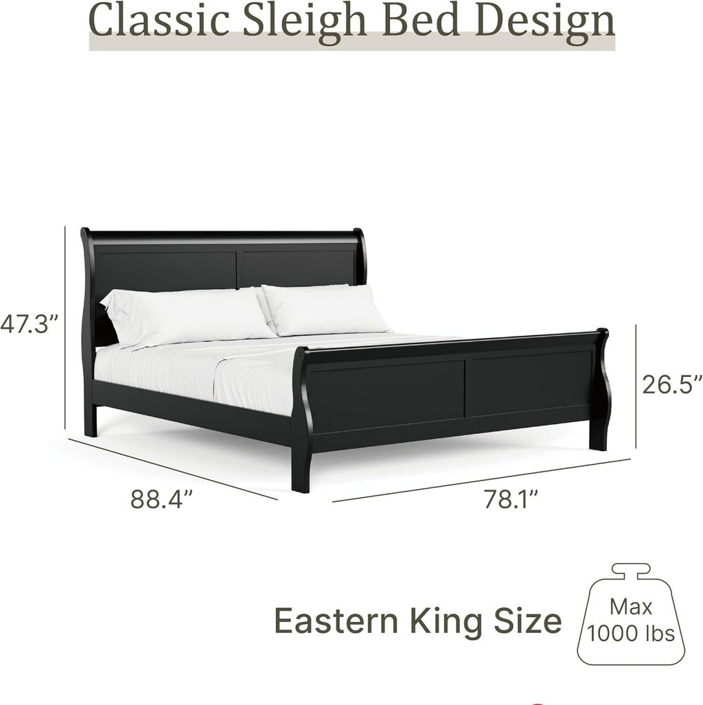 Furniture of America Louis Philippe Traditional Wood King Bed Frame with Headboard and Footboard, Elegant Sleigh Design Bedframe for Bedroom, Guest Room, Easy Assembly, Box Spring Required, Black