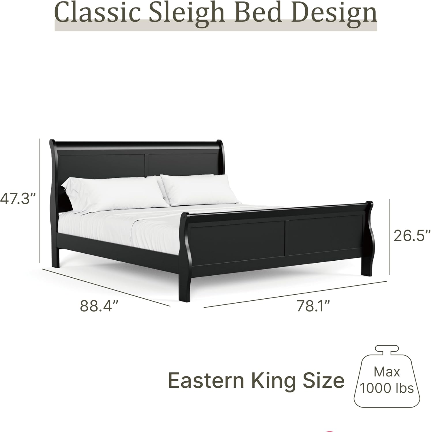 Furniture of America Louis Philippe Traditional Wood King Bed Frame with Headboard and Footboard, Elegant Sleigh Design Bedframe for Bedroom, Guest Room, Easy Assembly, Box Spring Required, Black