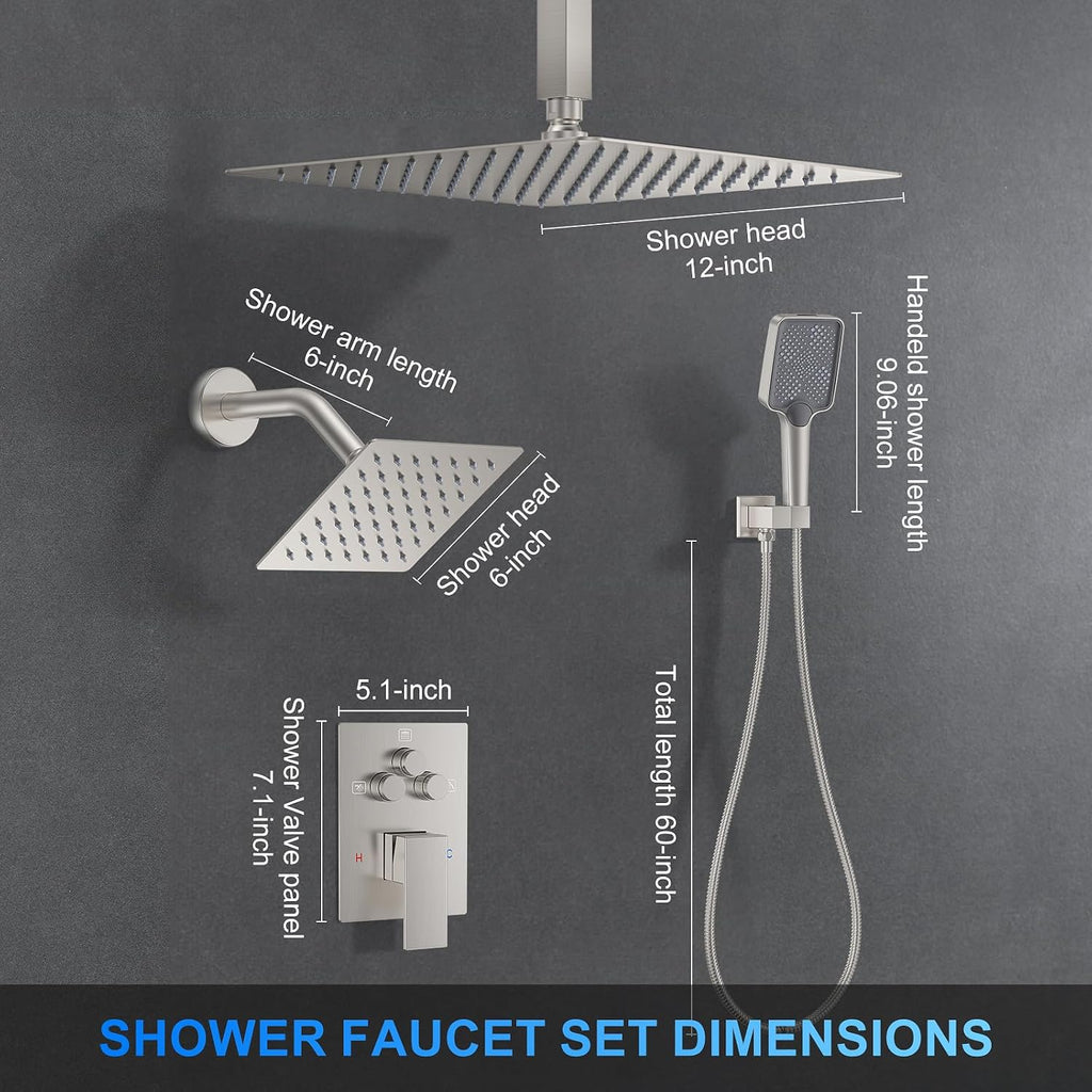 Shower Faucet Set, 12' Ceiling Mount Rainfall Shower System with 2 Rain Shower Head and Multi-function Handheld Head Push Button Diverter Shower Faucet Trim Kit (12', Brushed Nickel)