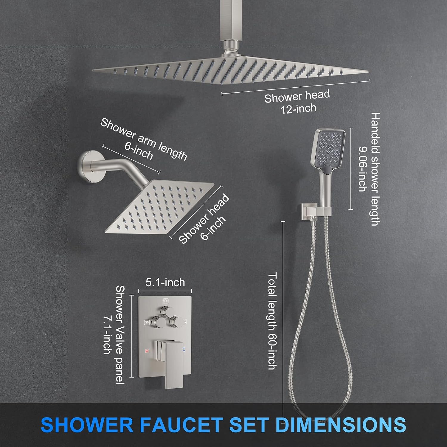 Shower Faucet Set, 12' Ceiling Mount Rainfall Shower System with 2 Rain Shower Head and Multi-function Handheld Head Push Button Diverter Shower Faucet Trim Kit (12', Brushed Nickel)