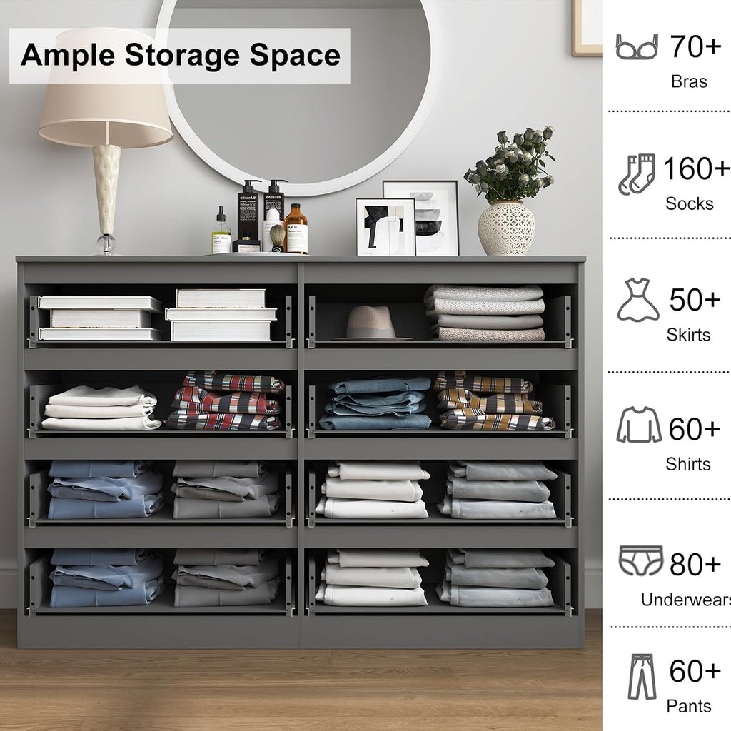 Vibe & Dine 8 Drawer Double Dresser, Modern Chest of Drawers with Wide Storage for Closet, Bedroom, Living Room, Grey