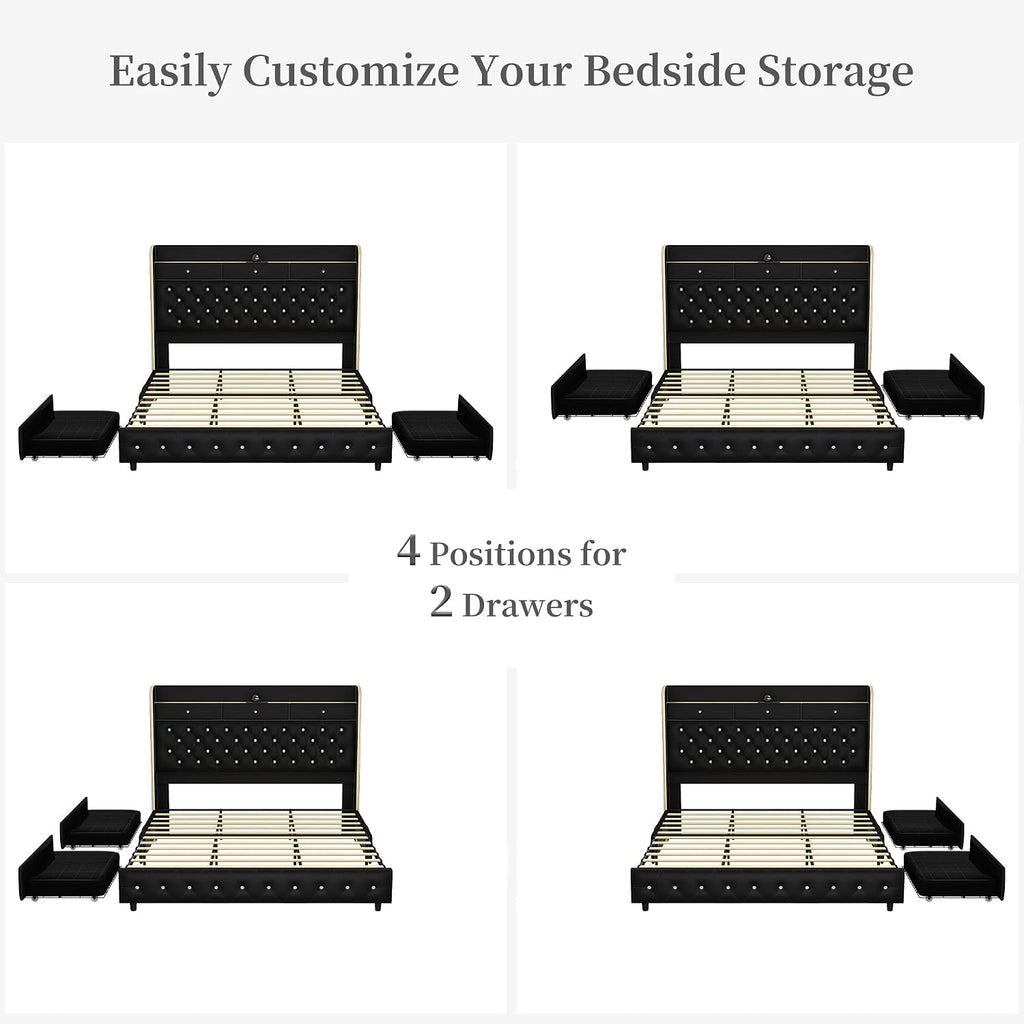 Full Led Bed Frame with Galaxy Aurora Star Projector, Full Size Platform Bed with 2 Storage Drawers, 52' Diamond Upholstered Headboard with Charging Station, Noise Free, No Box Spring Needed, PU Black