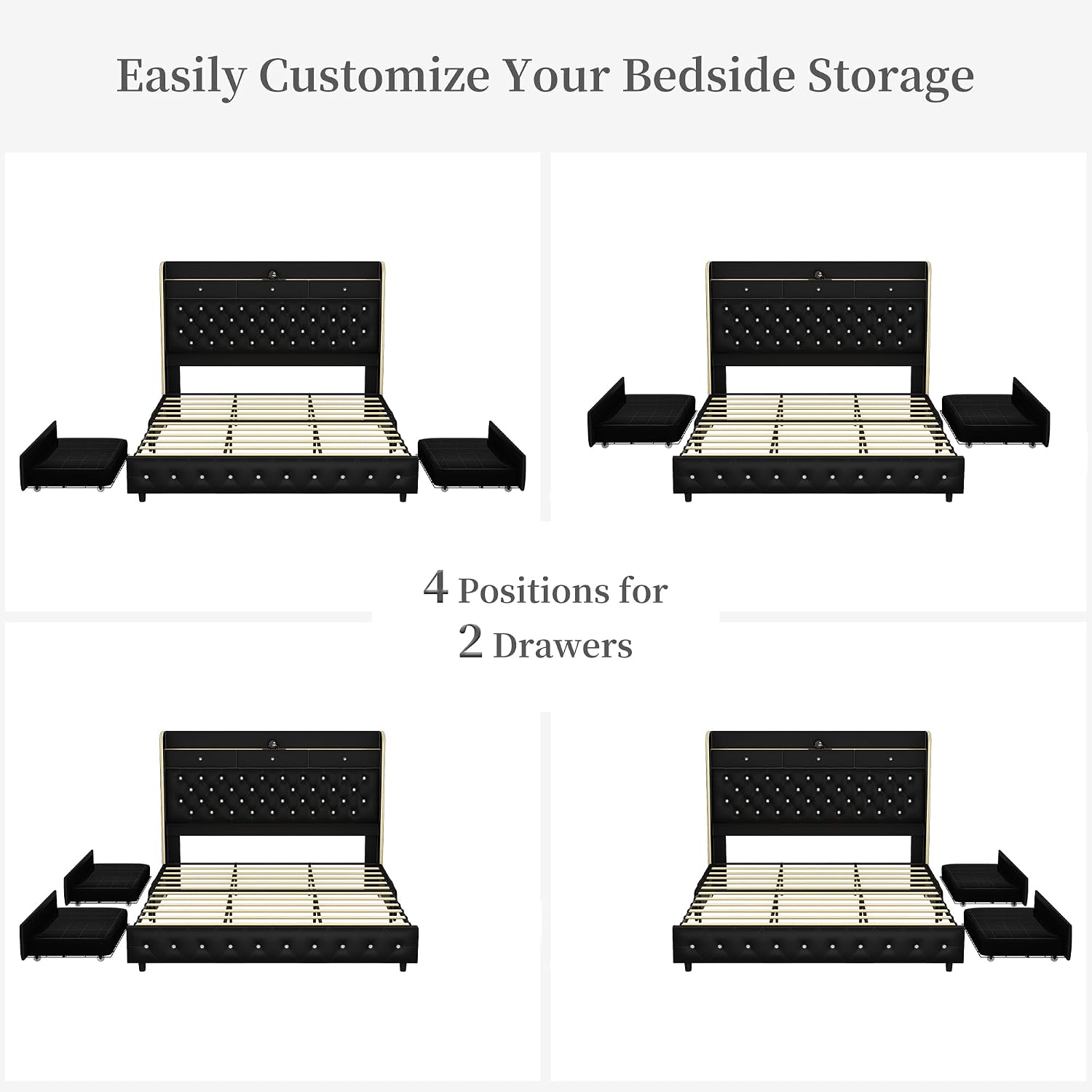 Full Led Bed Frame with Galaxy Aurora Star Projector, Full Size Platform Bed with 2 Storage Drawers, 52' Diamond Upholstered Headboard with Charging Station, Noise Free, No Box Spring Needed, PU Black