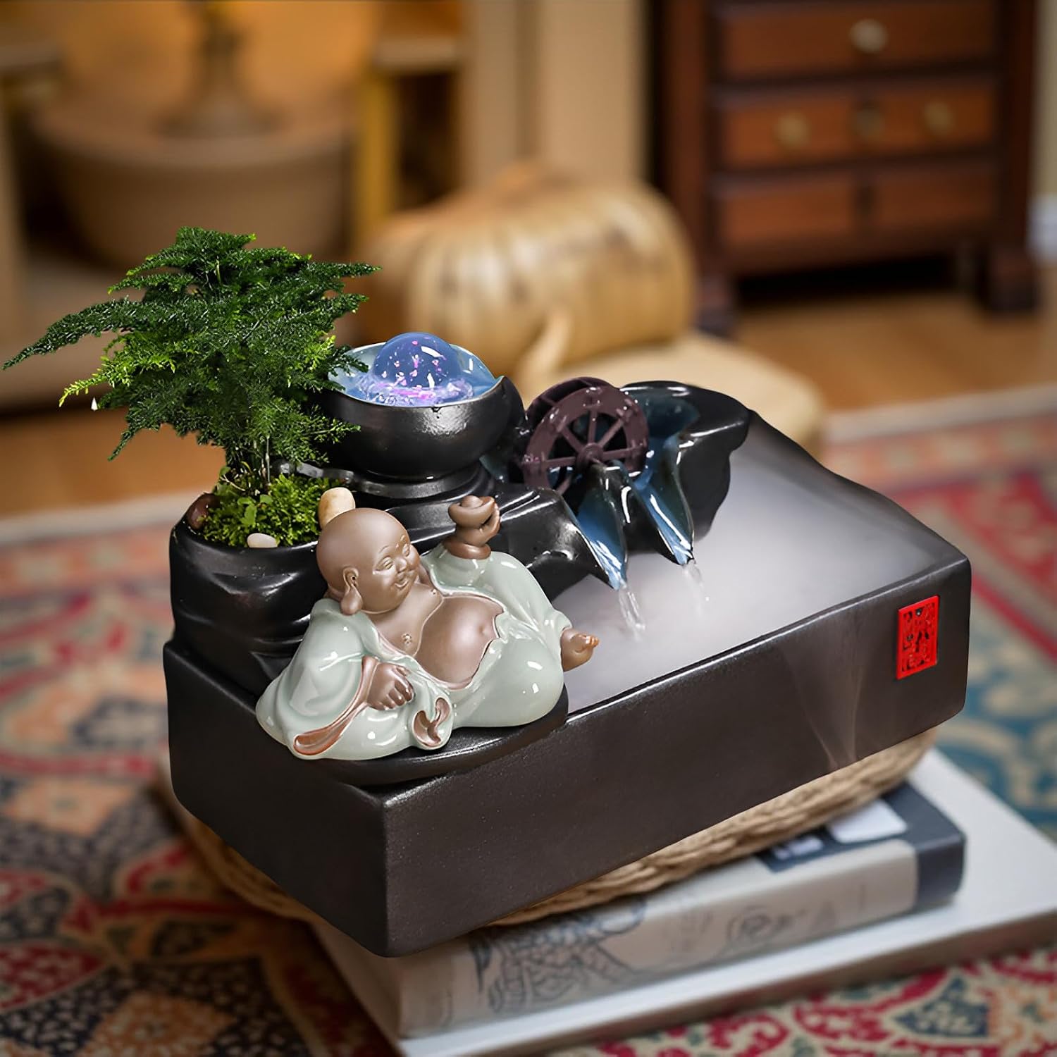 Zen Tabletop Fountain with LED Lights & Mist Maker - Indoor Waterfall Decor with Crystal Stones for Home, Office, Meditation Room - Relaxing Desktop Humidifier Gift (C Style)(B Style+Misting)