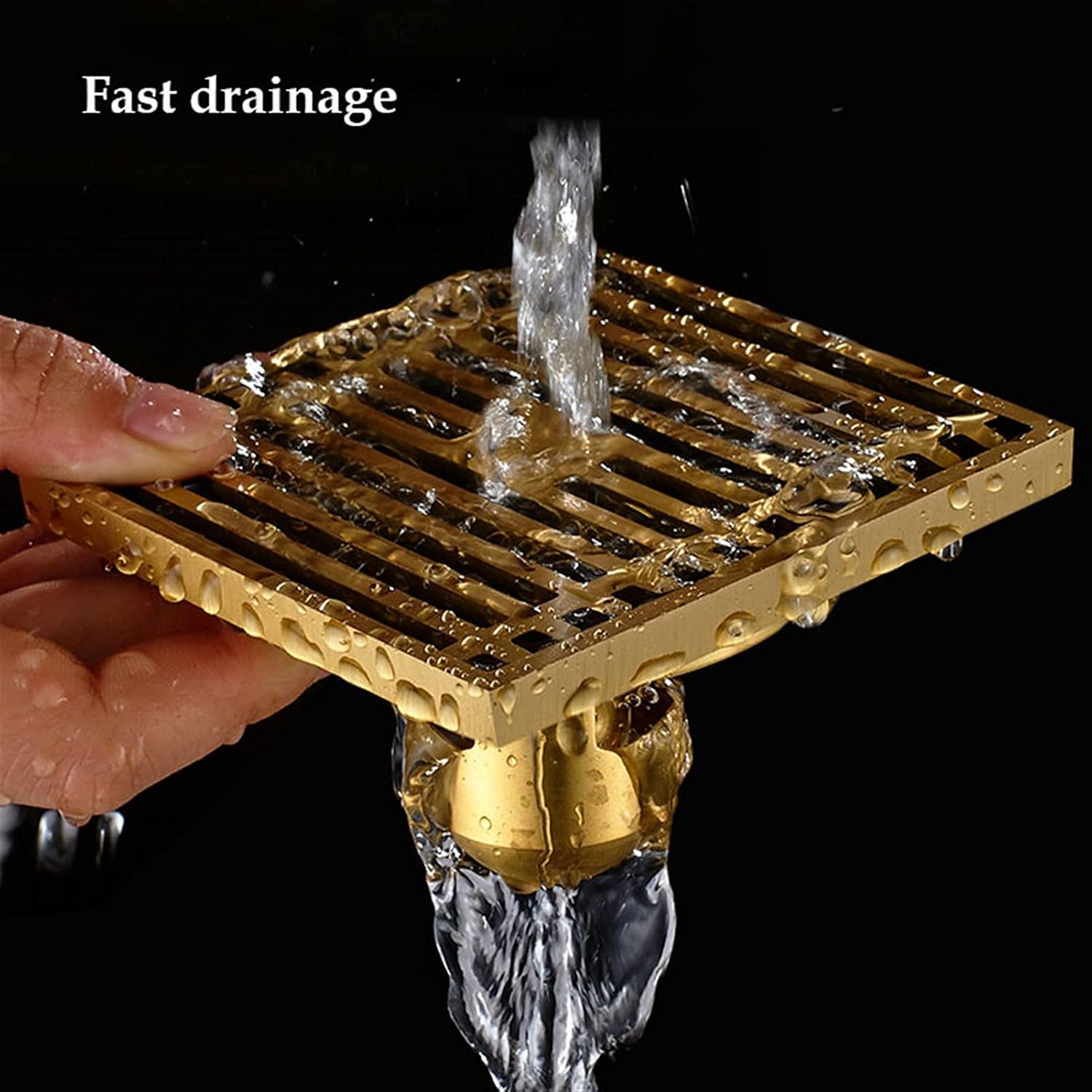 Square Shower Drain with Hair Strainer Brass Floor Drain for Kitchen Washroom Garage Basement Gold Finish 4 Inch