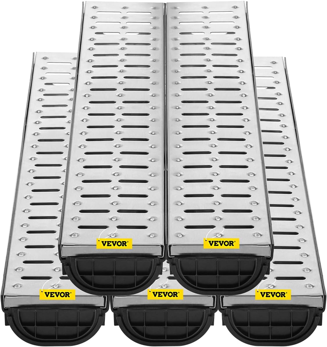 VEVOR Trench Drain System 5 Pack, Channel Drain with Metal Grate 5.7 x 3.1 in HDPE Drainage Trench, Black Plastic Garage Floor Waterway 5 x 39 in with 5 End Caps for Garden Driveway