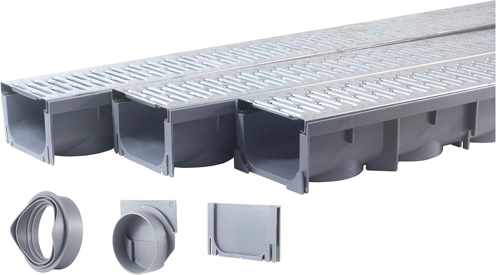 URA WATER - Model UA-100 - Drainage Trench Set - Channel Drain With Galvanized Steel Grate - 3 x 39' - (117' Total Length)