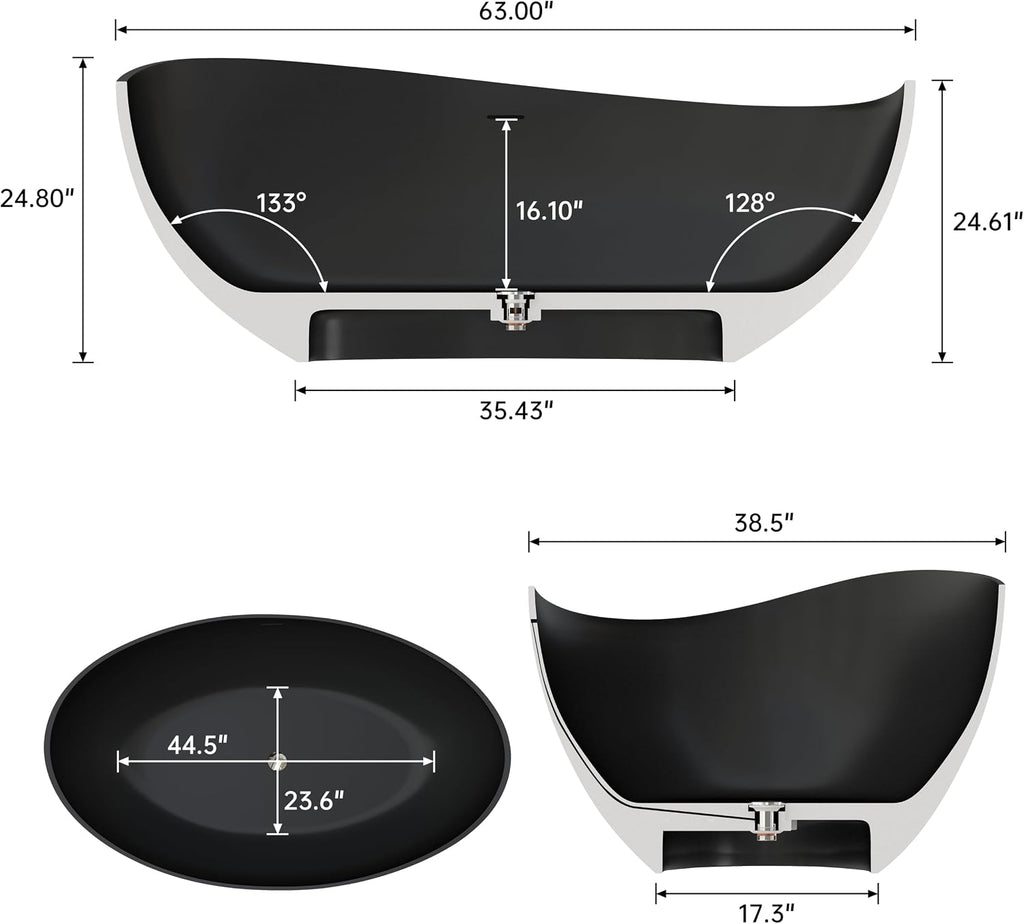 63'' Black Bathtub,Stone Resin Solid Surface Freestanding Bathtub, Modern Elegant Design Soaking Stand Alone Tub, Matte Black, Drain and Overflow Included