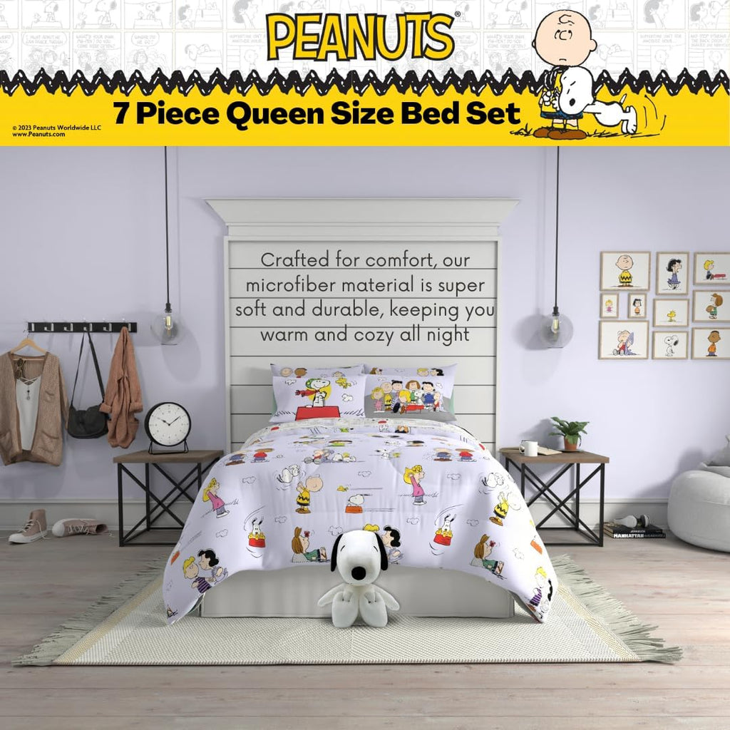 Peanuts Charlie Brown, Snoopy & Gang Bedding, 7 Piece Super Soft Cozy Reversible Comforter and Sheet Set with Sham, Queen, (100% Official Licensed Product) by Franco Collectibles