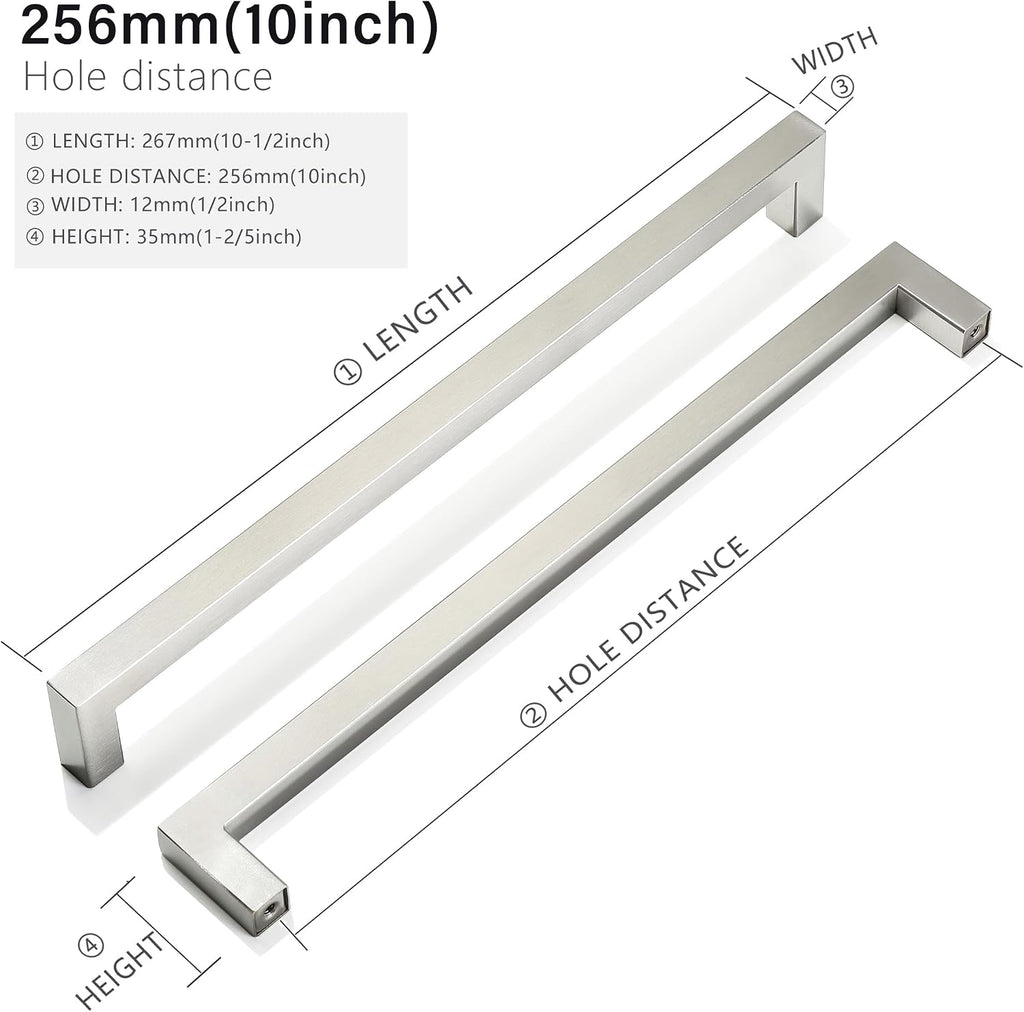 Cabinet Pulls Brushed Nickel Cabinet Handles Square Drawer Pulls, 30 Pack 10 Inch Stainless Steel Kitchen Door Cupboard Cabinet Handles, Cabinet Hardware Drawer Handles, 256mm Hole Centers