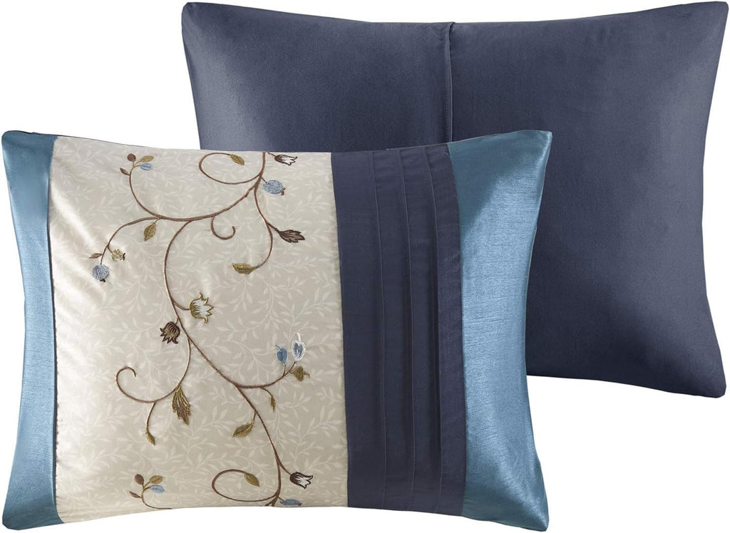 Madison Park Serene Faux Silk Comforter Set - Floral Embroidery Design, All Season Bedding Set, Matching Bed Skirt, Decorative Pillows, Navy Cal King(104'x92') 7 Piece