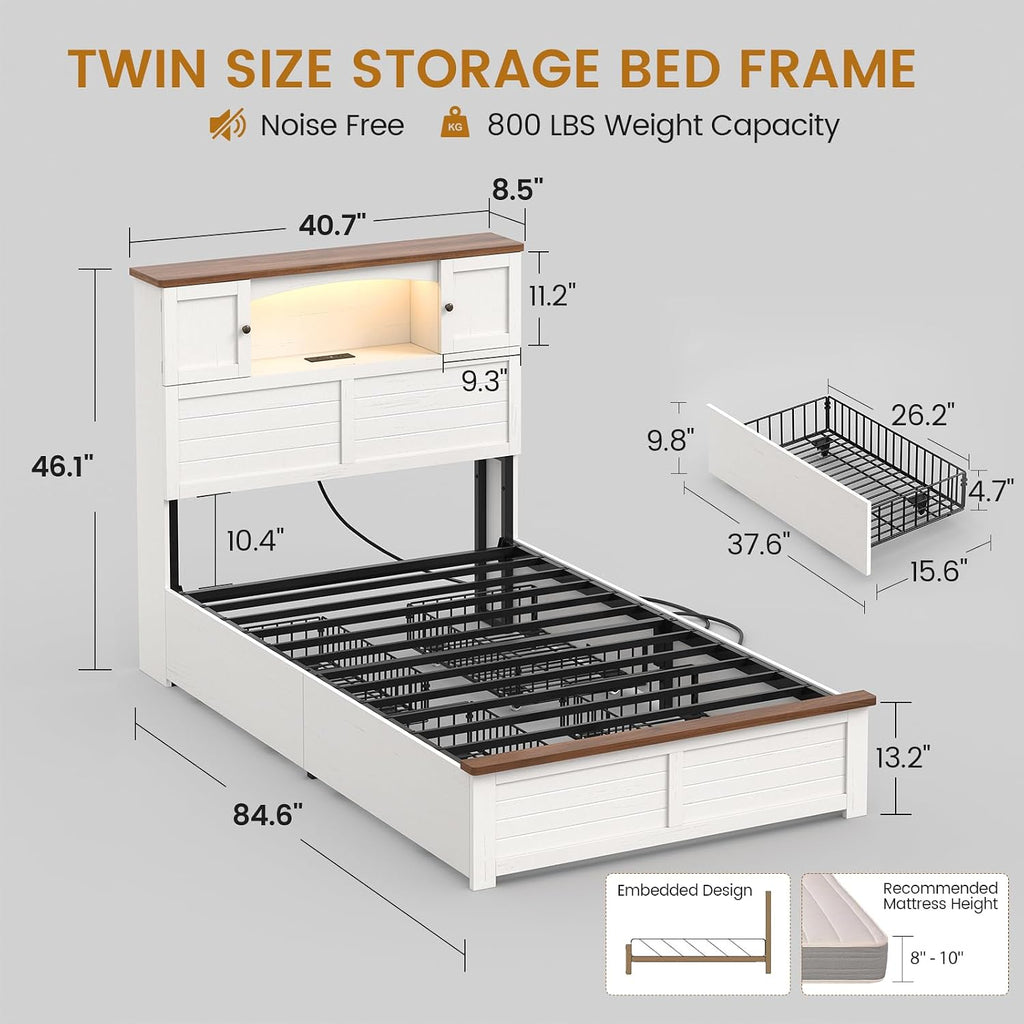 MSmask Farmhouse Bed Frame Twin Size with Bookcase and Storage Cabinets Headboard, Wood Platform Bed with LED Lights, Charging Station, 4 Drawers, Decoration Footboard, No Box Spring Needed, White