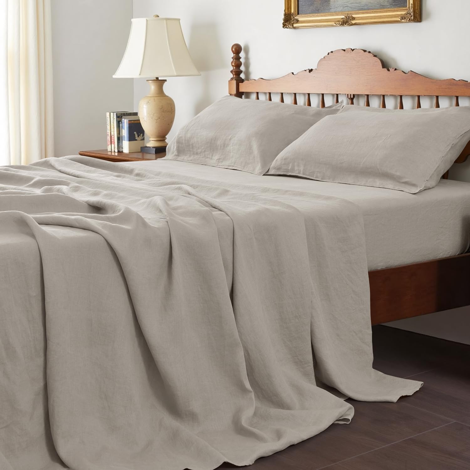 S VICTORY SYMBOL 100% Organic Linen Sheets Set Twin XL Size,Stone Washed French Natural Flax Bed Sheets 3Pcs(1 Pillowcase,1 Fitted Sheet,1 Flat Sheet) Ultra Soft Breathable Bedding Set,Khaki Linen