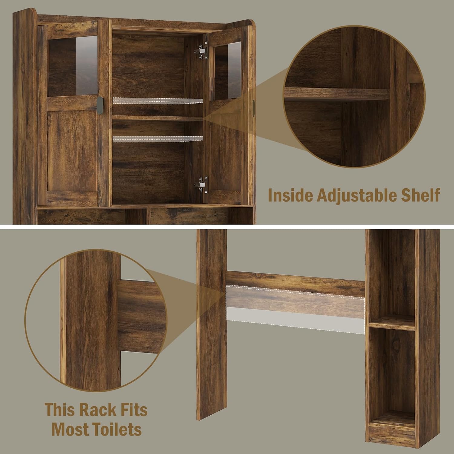 Vabches Over The Toilet Storage Cabinet, Bathroom Shelf Over Toilet with Glass Doors and Adjustable Shelves, Brown Freestanding Home Space Save Toilet Rack, for Restroom, Bathroom, Laundry
