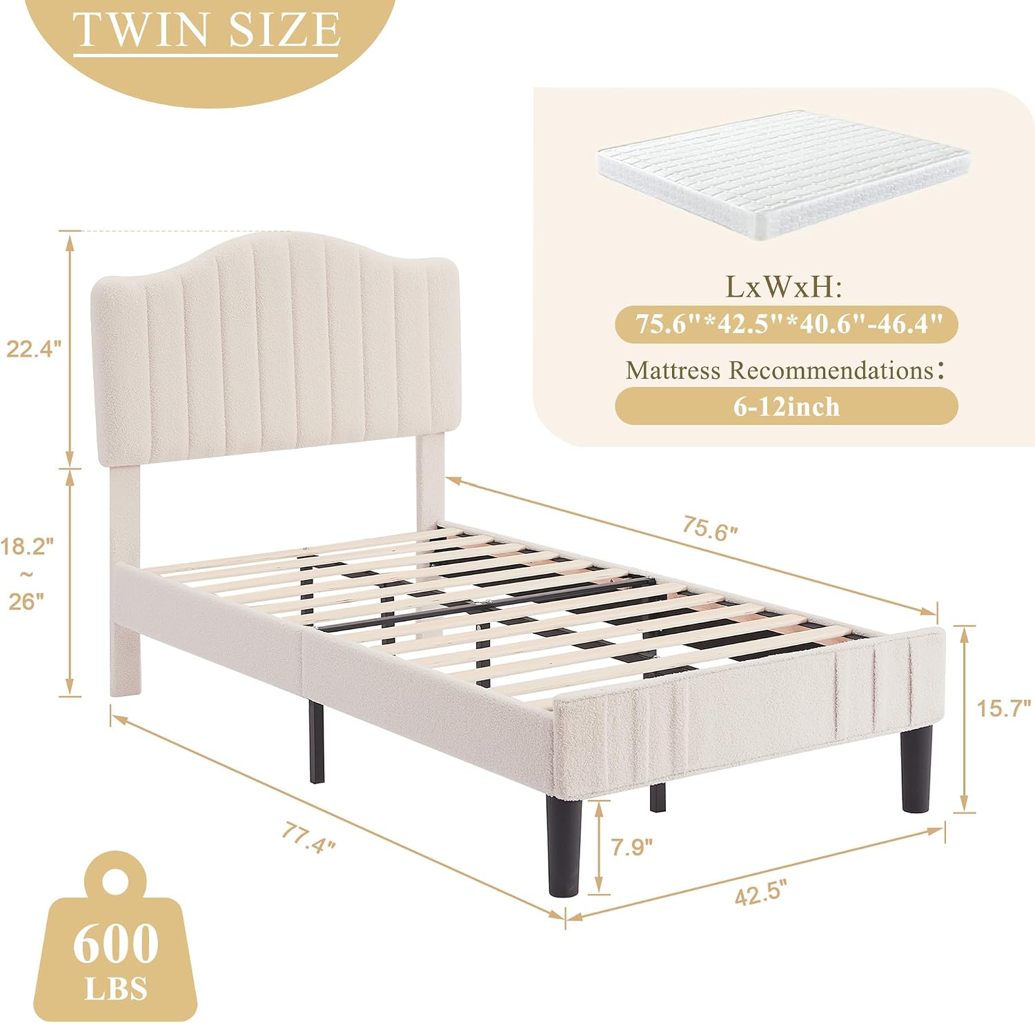 VECELO Twin Bed Frame Upholstered Platform Bed Frame with Height Adjustable Teddy Fabric Headboard, Strong Wood Slats Supports 7.9'' Under Bed Space Noise Free No Box Spring Needed, Beige