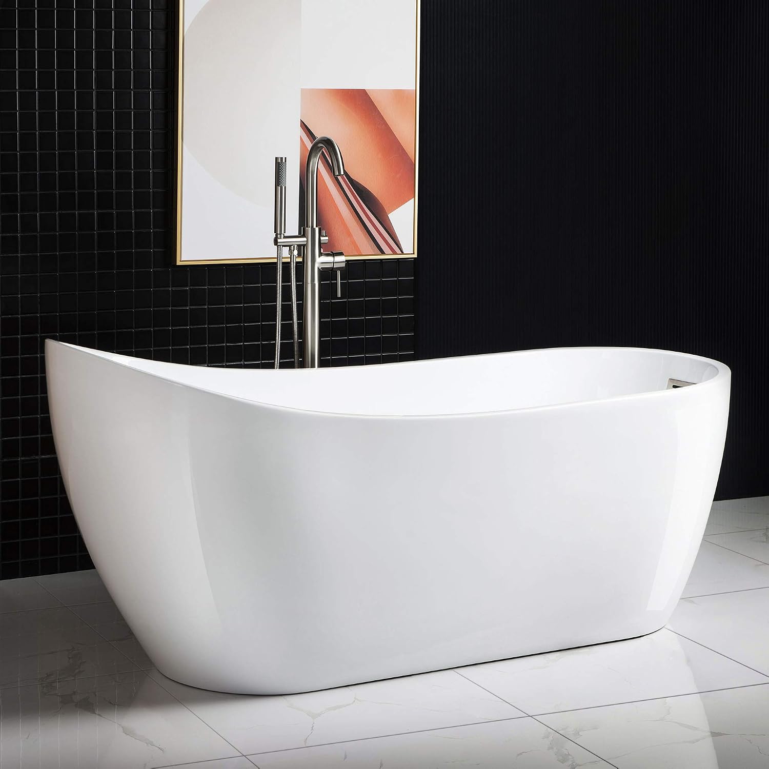 WOODBRIDGE 67' Acrylic Freestanding Bathtub Contemporary Soaking Tub, White Acrylic (Brushed Nickel Drain/Overflow),B-0001 -B/N-Drain &O