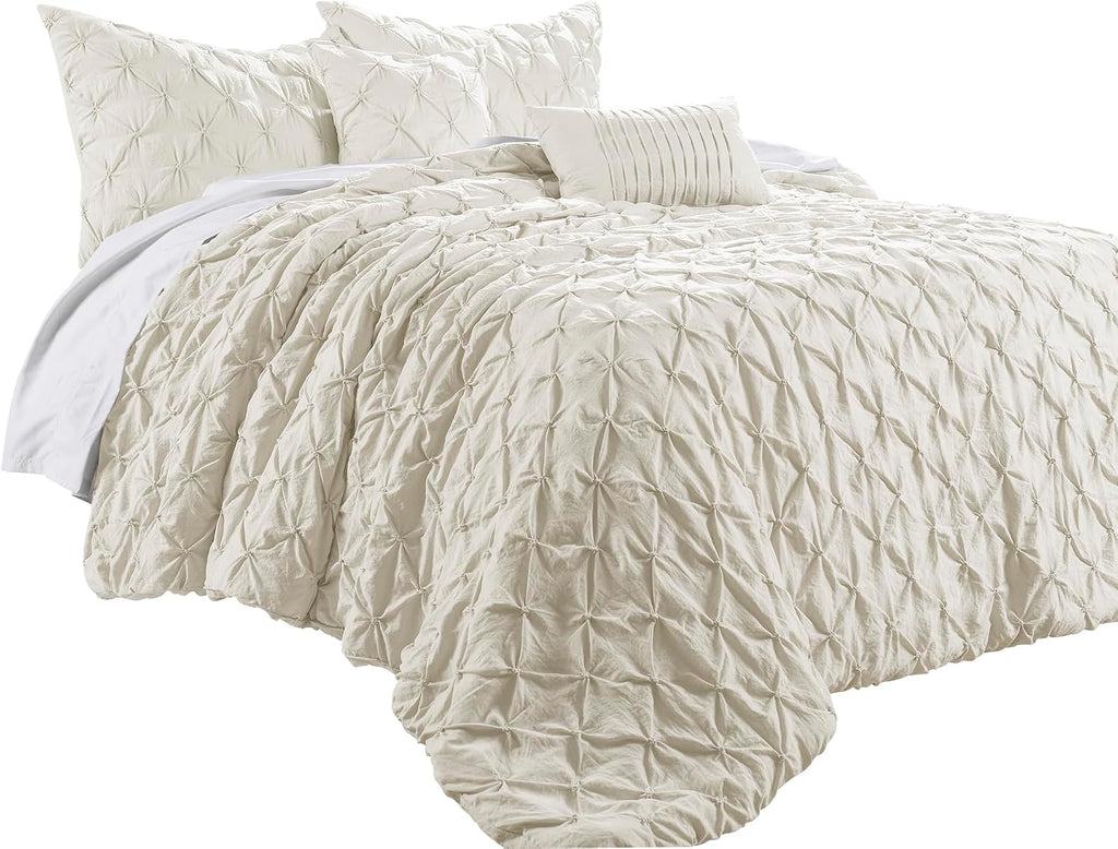 Lush Decor Ravello Pintuck Comforter Set - Luxe 5 Piece Textured Bedding Set - Traditional Glam & Farmhouse Inspired Bedroom Decor - Full/ Queen, Ivory