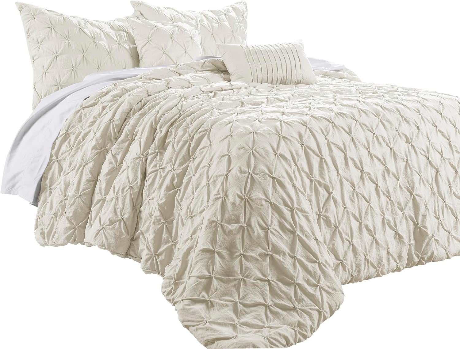 Lush Decor Ravello Pintuck Comforter Set - Luxe 5 Piece Textured Bedding Set - Traditional Glam & Farmhouse Inspired Bedroom Decor - Full/ Queen, Ivory