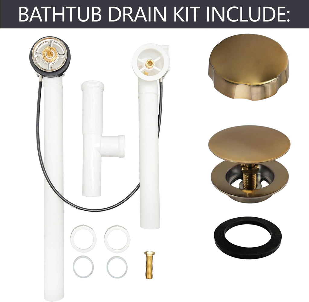 Westbrass A50P27TLE-19 27' Cable Drive Bath Drain Trim Kit with Rotary Overflow Cover Knob, European Stopper and Poly Tubular Pipes, Champagne Bronze