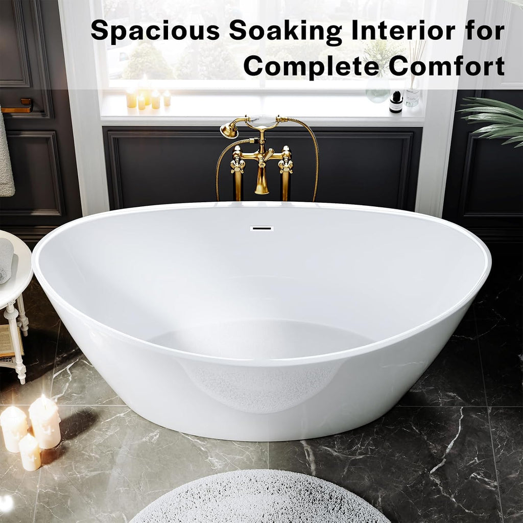 Empava Bathtub, 67' Soaking Tub, Acrylic Free Standing Tub with Center Drain and Overflow, Contemporary Design Bathtub for Bathroom, cUPC Certified, Glossy White