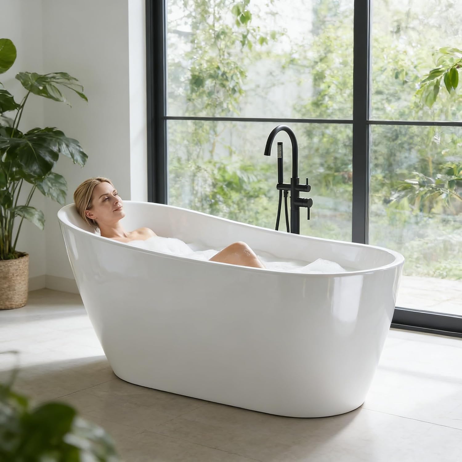 67 Inch Acrylic Freestanding Bathtub, Deep Soaking Tub with Non-Slip Base, cUPC Certified Free Standing Modern Bath Tub with Chrome Drain, Easy-Clean White Soaking Tub for Bathroom, Home Spa