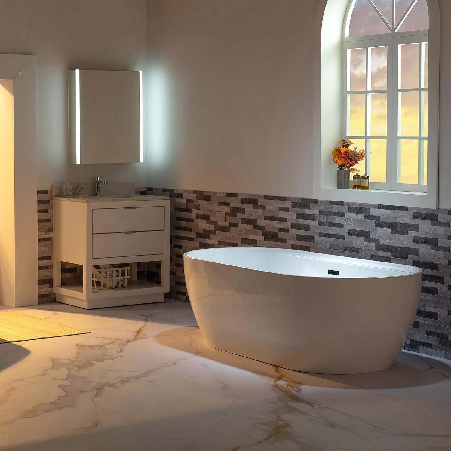 WOODBRIDGE 72' Acrylic Freestanding Bathtub Contemporary Soaking White Tub with Matte Black Overflow and Drain,B0059-MB