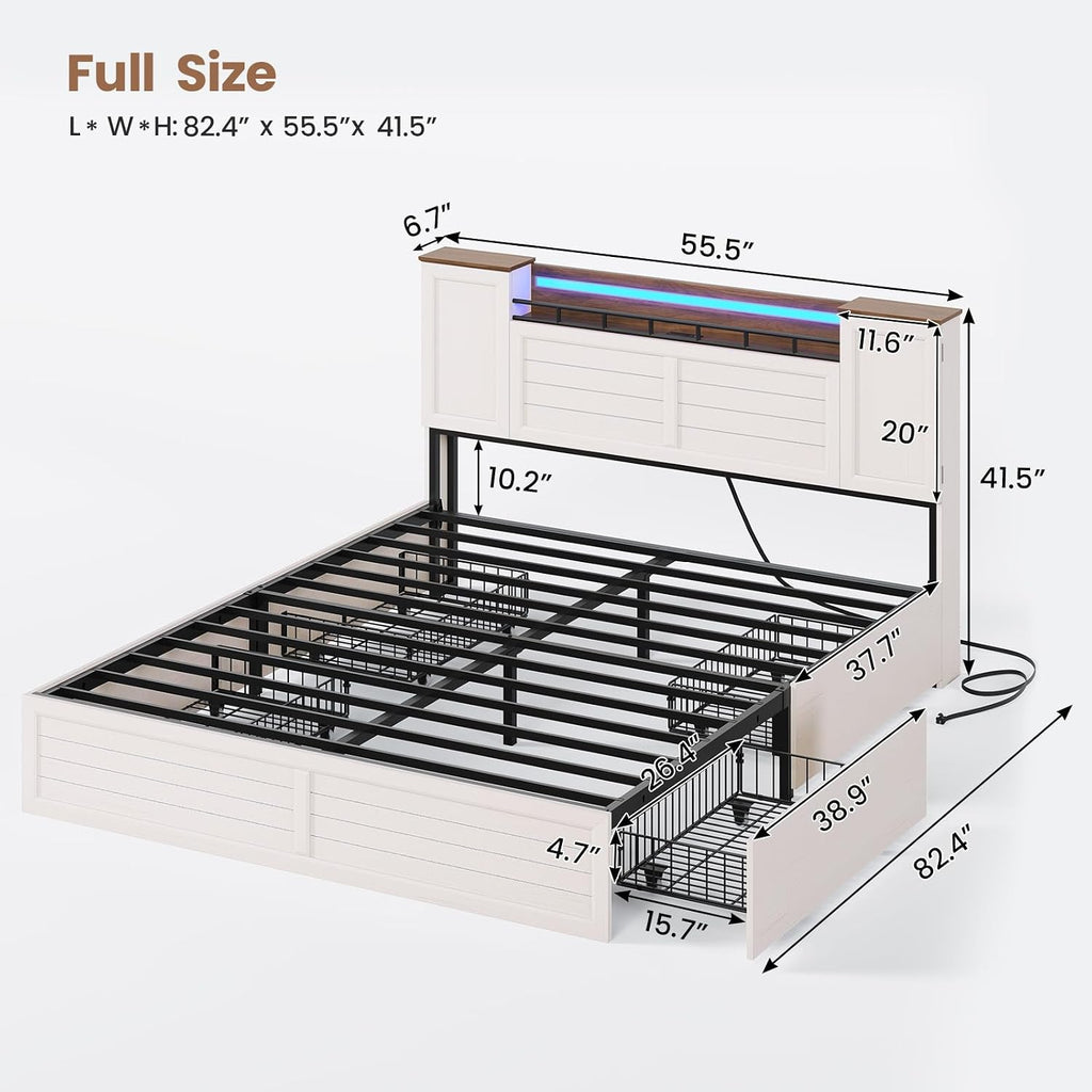 VIAGDO Farmhouse Full Size Bed Frame with Headboard and Double Barn Door Storage Cabinets, Rustic Wooden Bed Frame Full with Charging Station, 4 Drawers and LED Lights, No Box Spring Needed, White