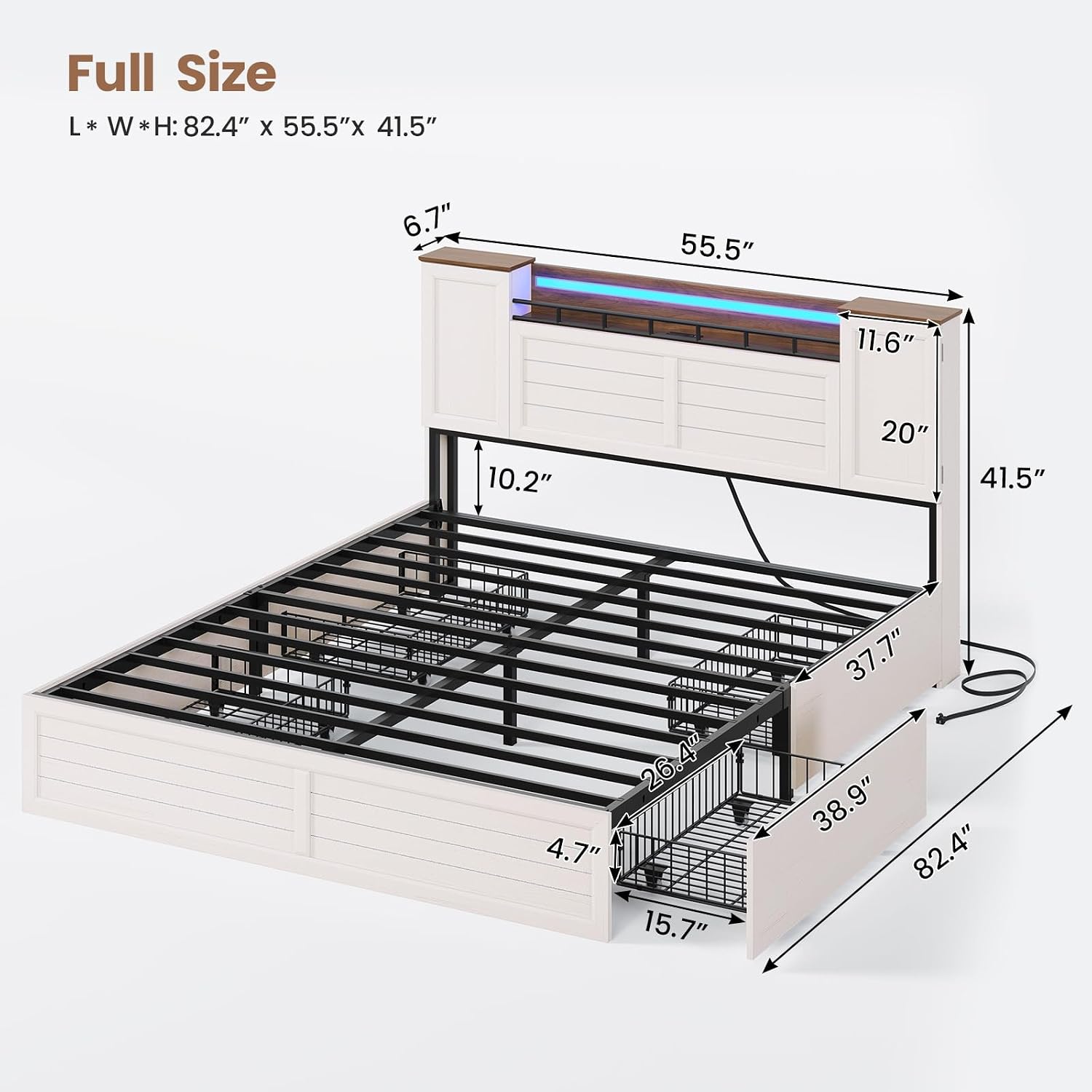 VIAGDO Farmhouse Full Size Bed Frame with Headboard and Double Barn Door Storage Cabinets, Rustic Wooden Bed Frame Full with Charging Station, 4 Drawers and LED Lights, No Box Spring Needed, White