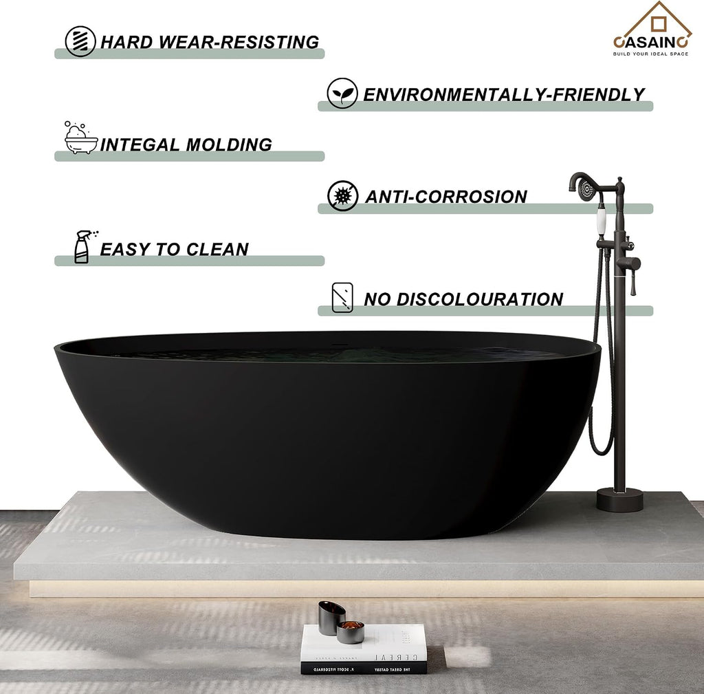 CASAINC 67' Freestanding Bathtub Egg-Shaped Stone Resin Freestanding Tub Solid Surface Matte Black Stand-Alone Tub with Drain, Drain Hose & Sanding Paper