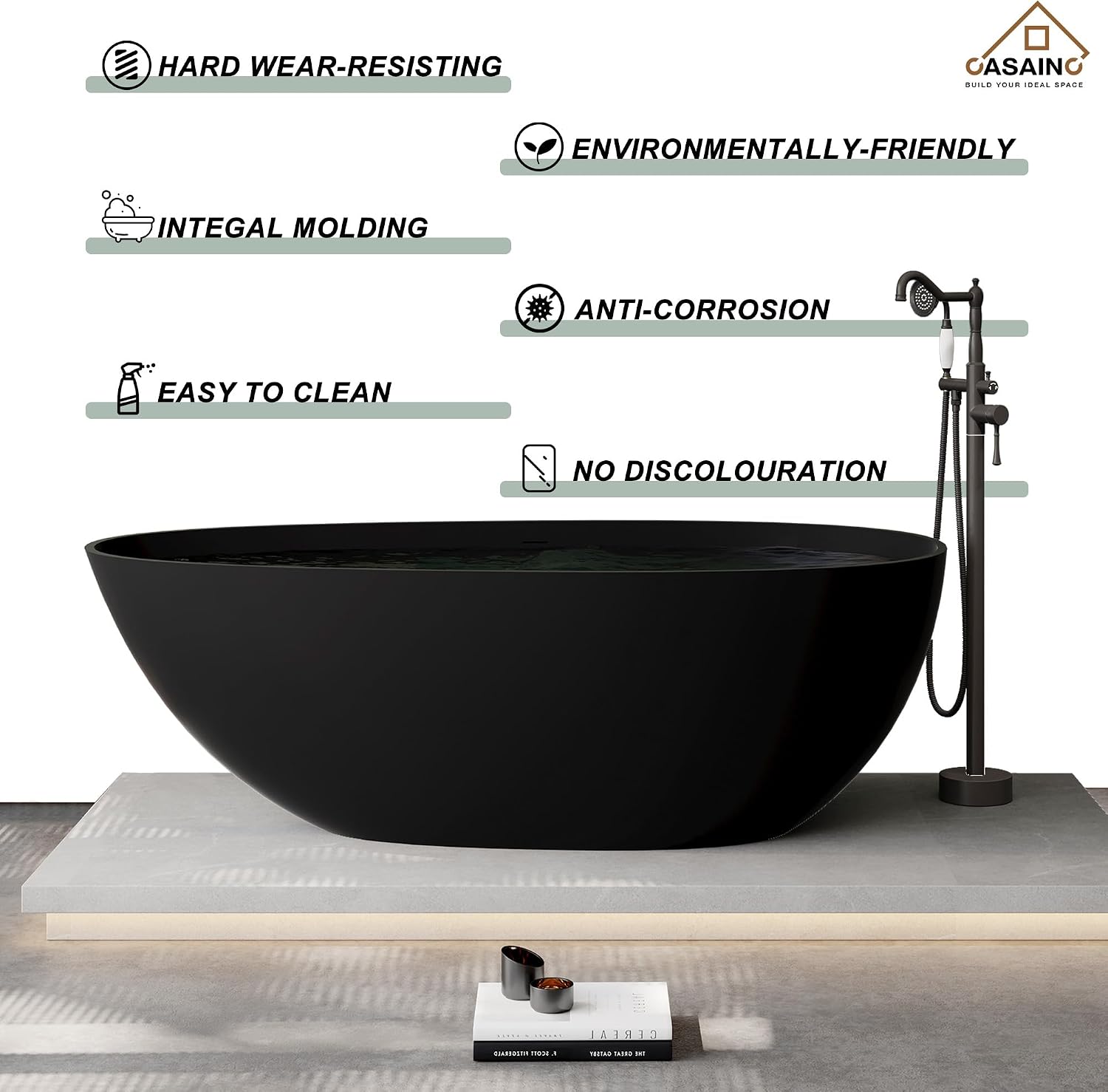 CASAINC 67' Freestanding Bathtub Egg-Shaped Stone Resin Freestanding Tub Solid Surface Matte Black Stand-Alone Tub with Drain, Drain Hose & Sanding Paper