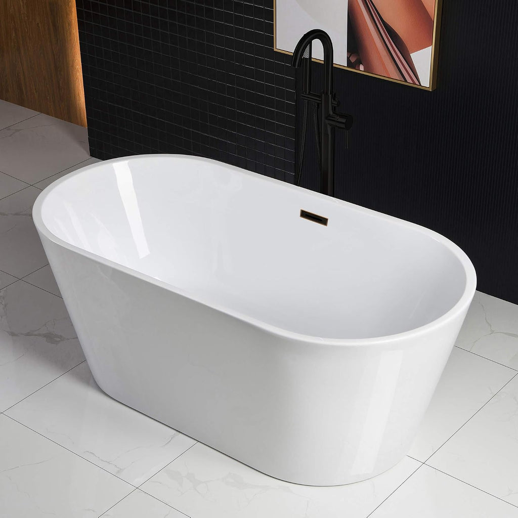 WOODBRIDGE 59' Freestanding White Acylic Soaking Bathtub with Oil Rubbed Bronze Drain and Overflow, BTA1514-ORB