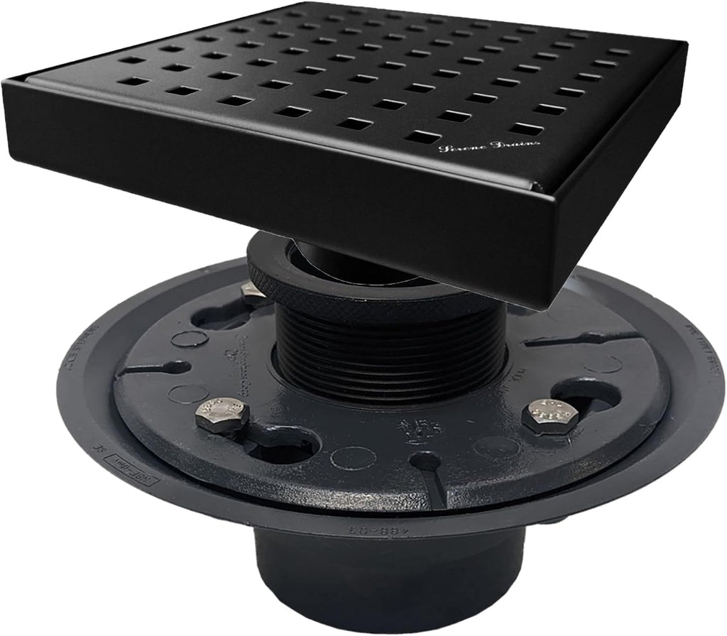 SereneDrains 304 Stainless Steel 6 Inch Square Matte Black Shower Drain Kit with Base Square Design for Tile Floor Drain Grate Cover Hair Catcher Trap Strainer Filter (Matte Black, PVC Plastic)