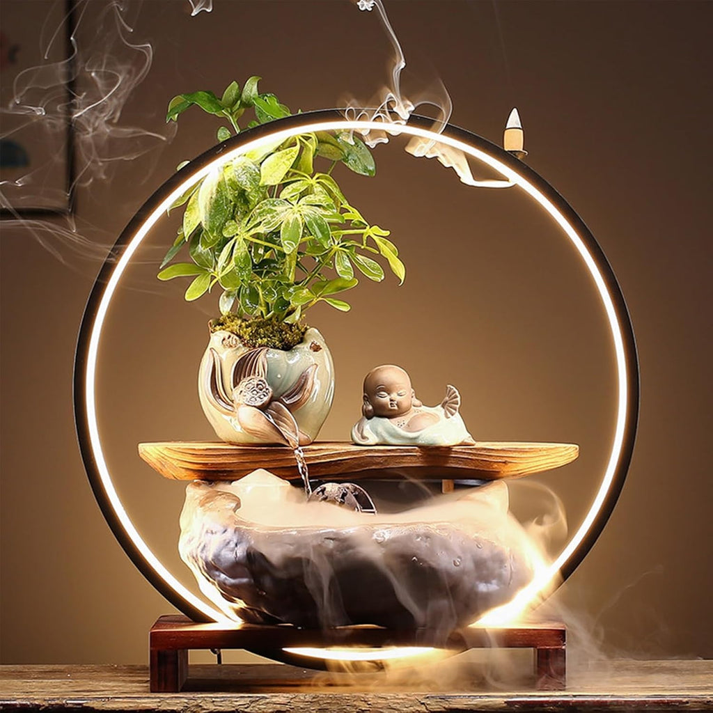 Tabletop Fountain with LED Light, Cwaterfall for Desk with Solid Wood Base & Water Storage Basin, Chinese Zen-Inspired Flowing Water Ornament for Office Living Room(C)