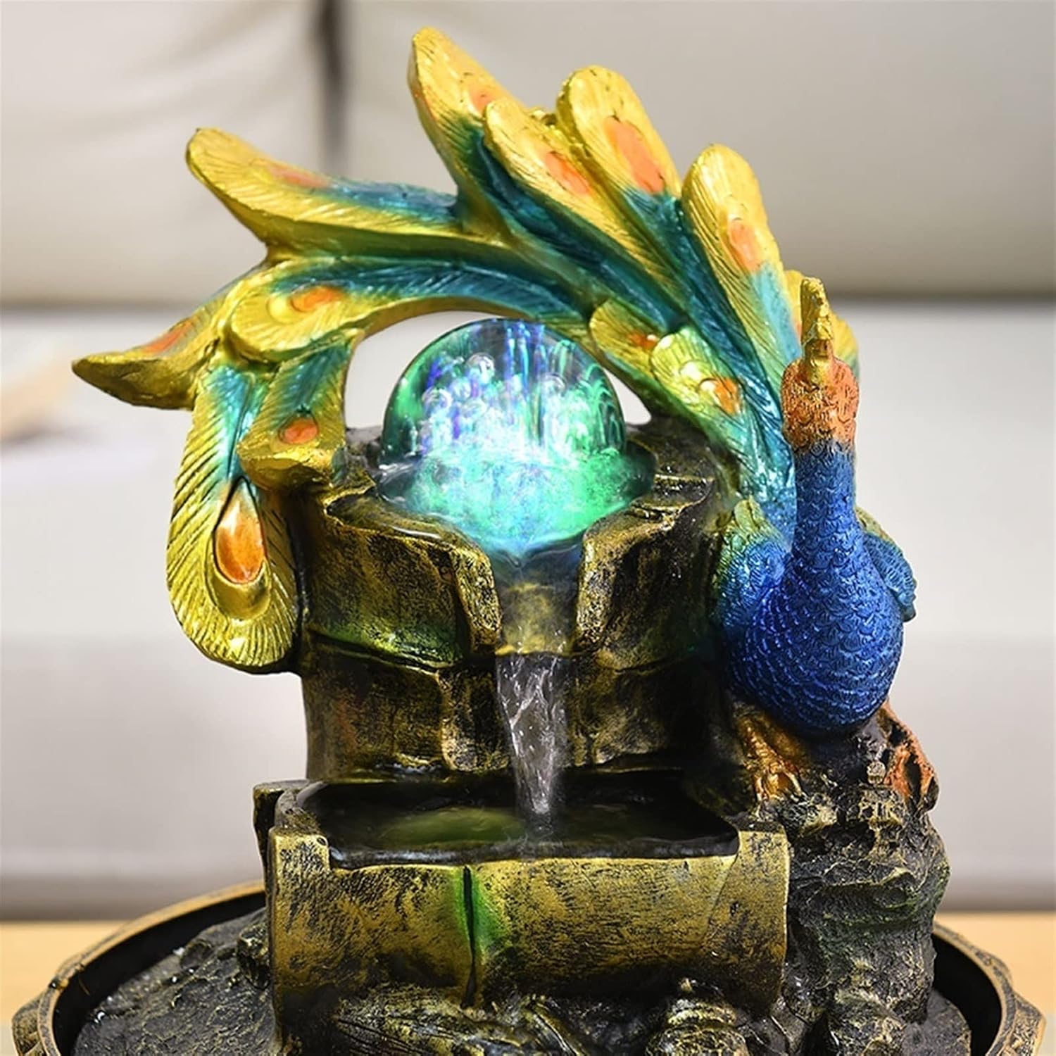 HIHELO Tabletop Fountain Tabletop Fountain Peacock Chinese Home Feng Shui Ball Fountain Dining Table Office Desktop Flowing Water Feng Shui Ornament Indoor Fountain