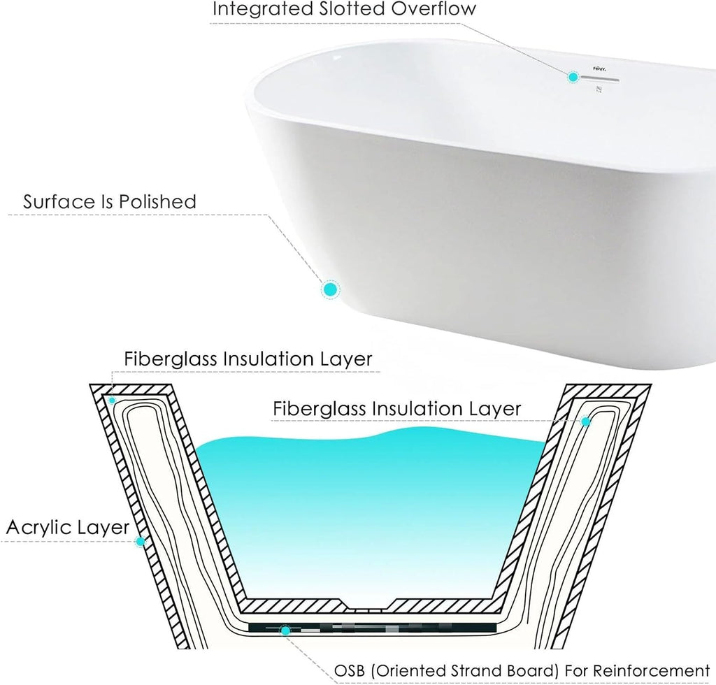 FerdY Bali 59' Acrylic Freestanding Bathtub, Gracefully Shaped Freestanding Soaking Bathtub with Brushed Nickel Drain & Minimalist Linear Design Overflow, Glossy White, cUPC Certified