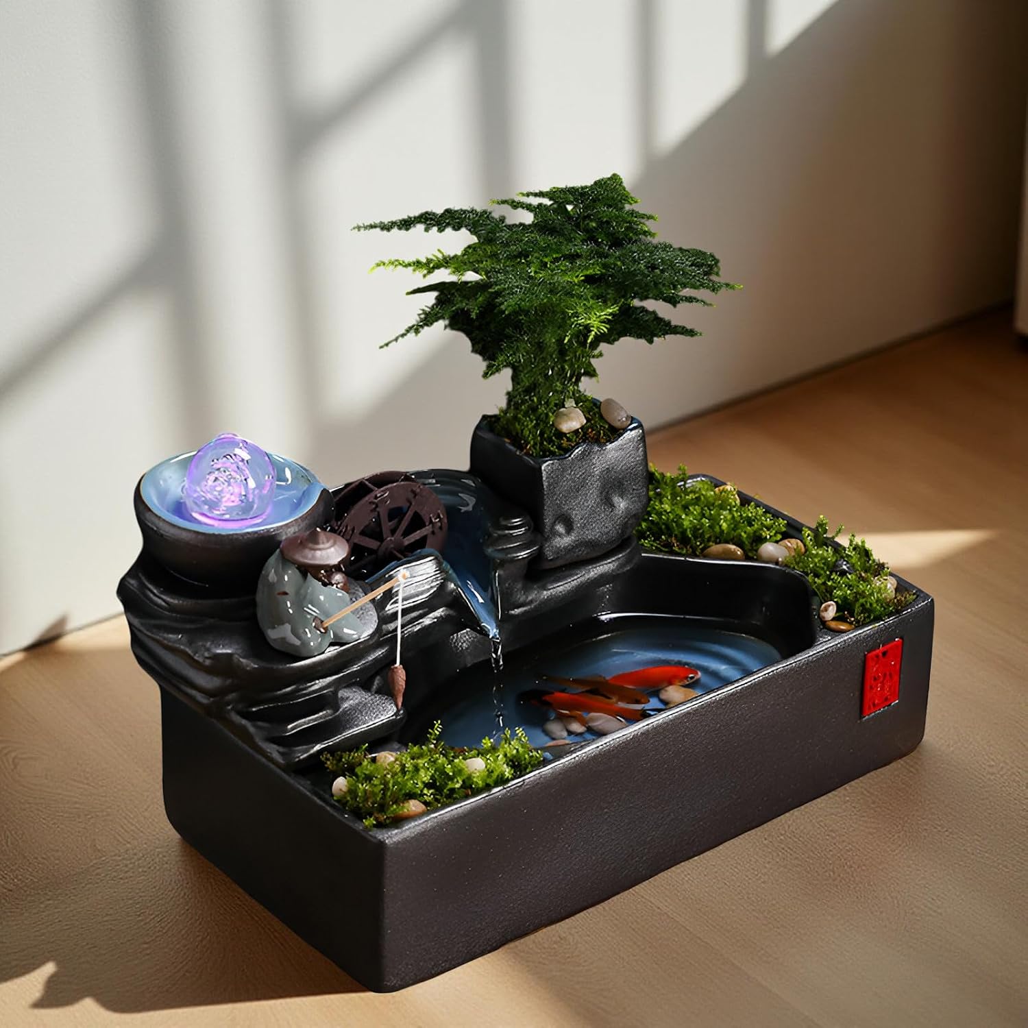 Zen Tabletop Fountain with LED Lights & Mist Maker - Indoor Waterfall Decor with Crystal Stones for Home, Office, Meditation Room - Relaxing Desktop Humidifier Gift (C Style)(C Style+Misting)