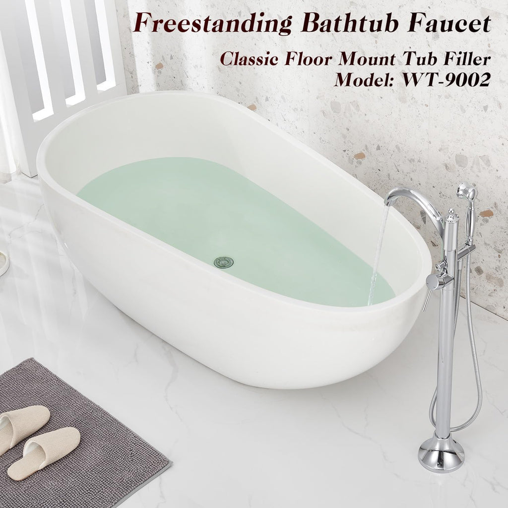 Free Standing Tub Faucet, Classic Freestanding Bathtub Faucet with Vintage Hand Shower Brass High Flow Rate Floor Mount Tub Filler Swivel Spout Soaker Tub Faucets Polished Chrome (WT-9002CP)